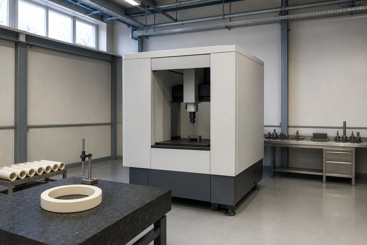 Illustration of a dimensional inspection bench with a measuring machine and ceramic parts; representative process imagery, not a photograph of the Vintel@Ceramics facility.