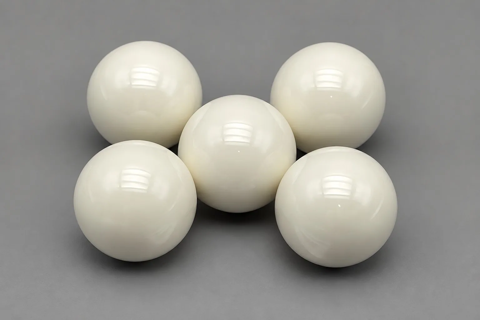 Five white alumina balls of similar diameter grouped on a grey studio ground.