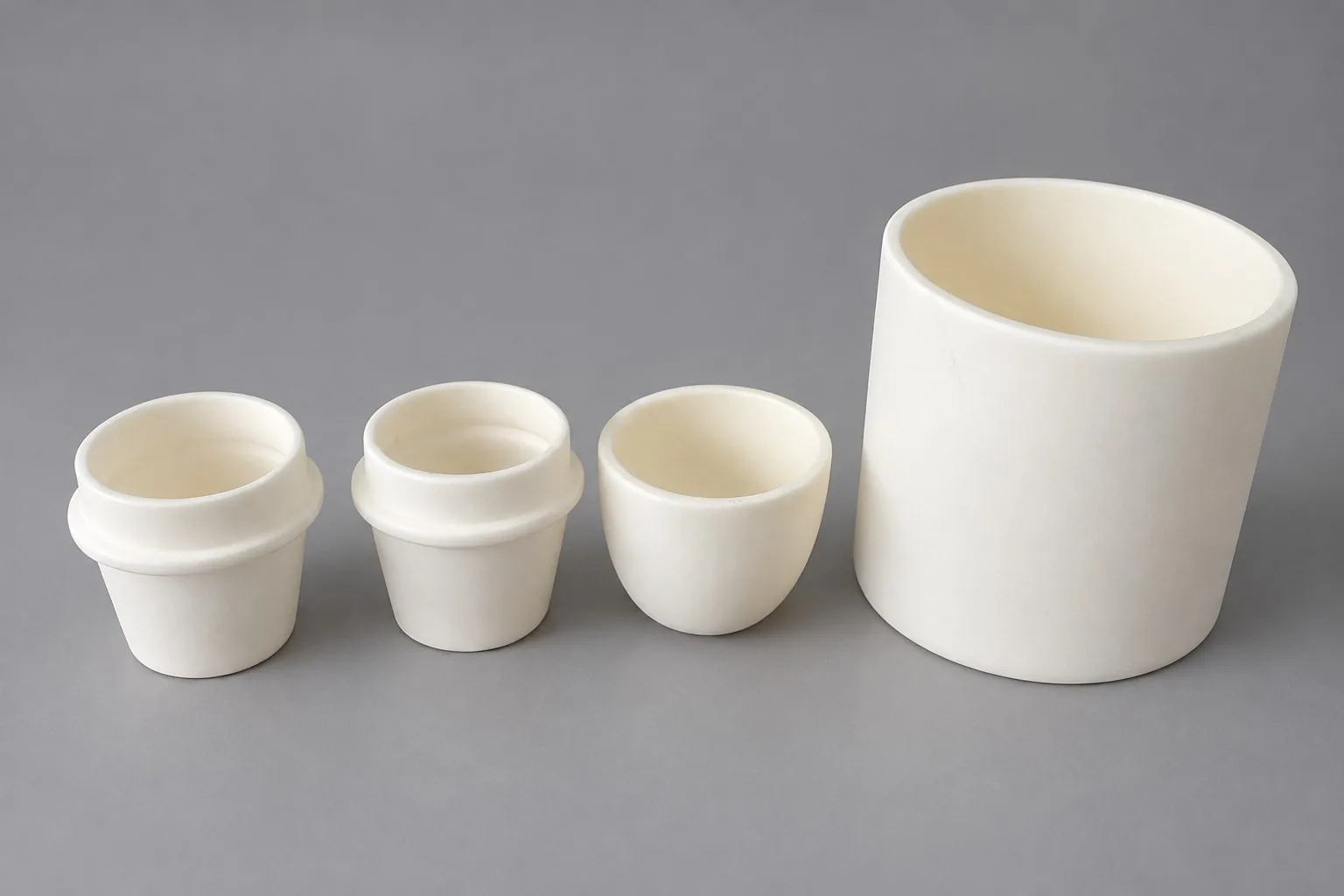 Four white alumina crucibles on a grey studio ground: three small ones with a raised collar below the rim and one tall wide vessel.