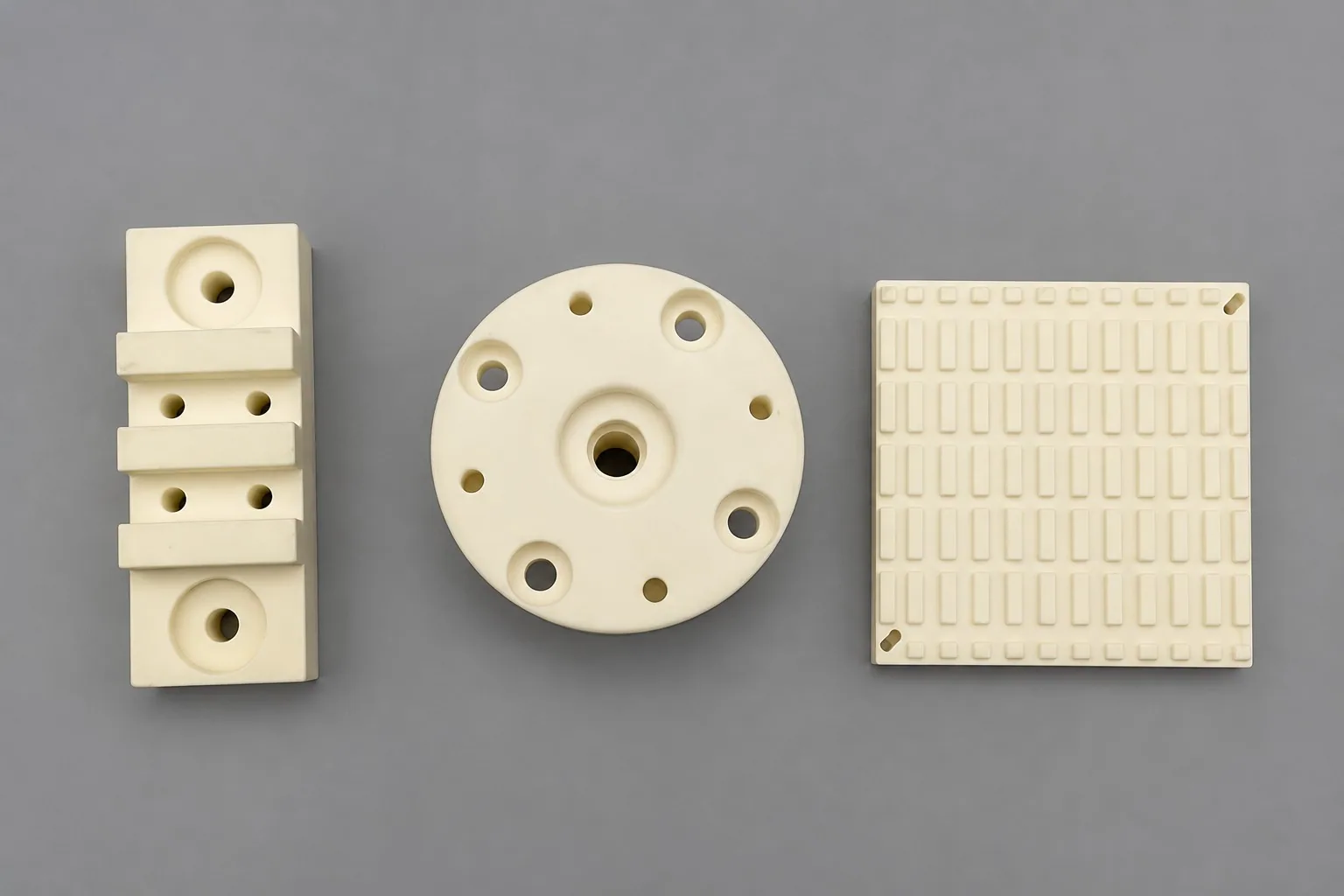 Three white alumina components on a grey studio ground: a stack of slotted blocks, a perforated disc and a plate carrying a grid of shallow pockets.