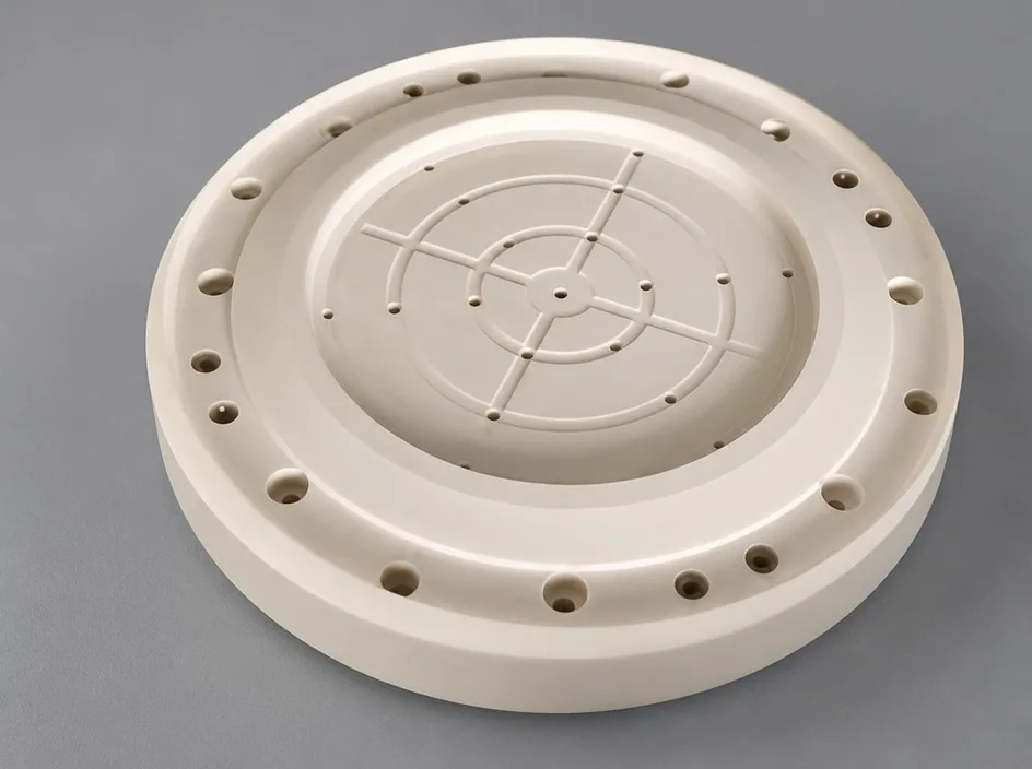 A large white alumina disc with concentric machined grooves, a cross pattern and a ring of bolt holes around the rim.