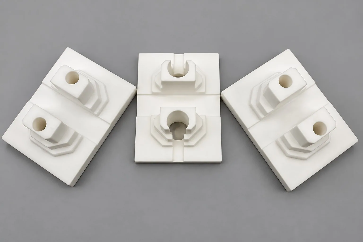 Three thin white alumina rods of different lengths lying at slight angles on a grey studio ground.