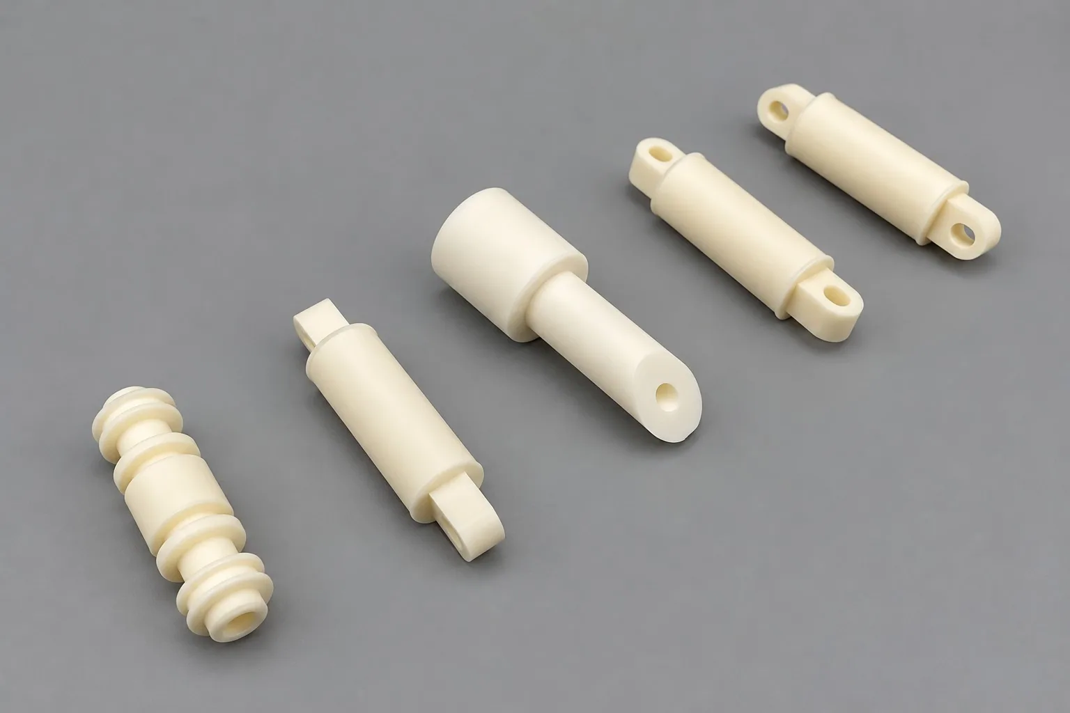 Five white alumina pins with machined steps and a bore, laid diagonally across a grey studio ground.