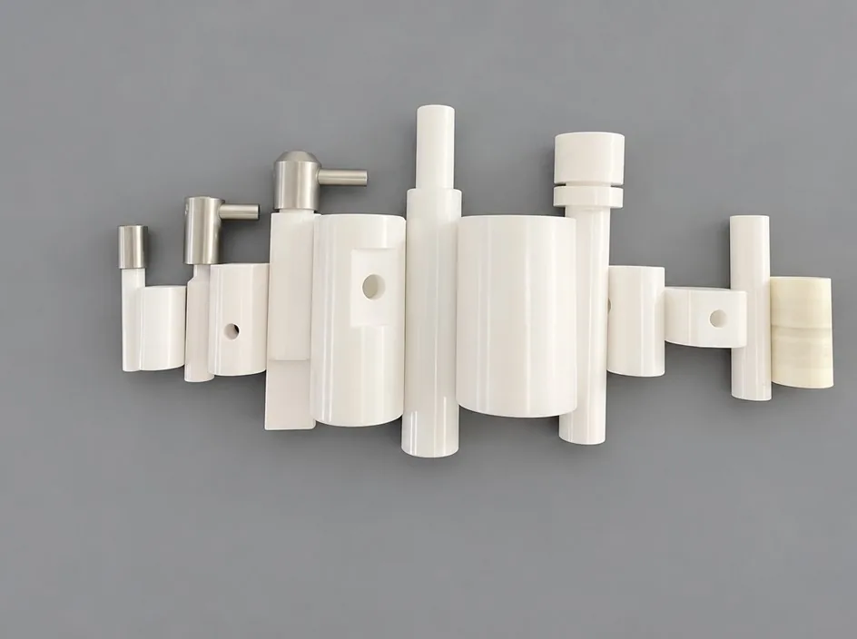 Eight plunger assemblies in a row on a grey studio ground, alternating white ceramic bodies and metal shafts with short side pins.