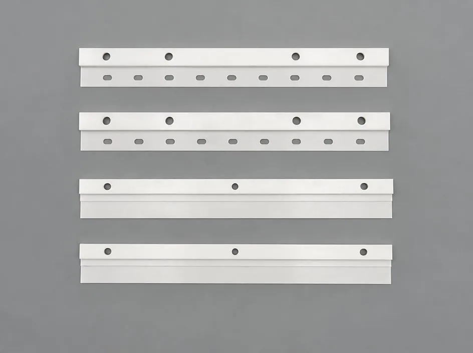 Four white bars stacked in pairs on a grey studio ground, each bar carrying a row of small oval slots and three round bores.