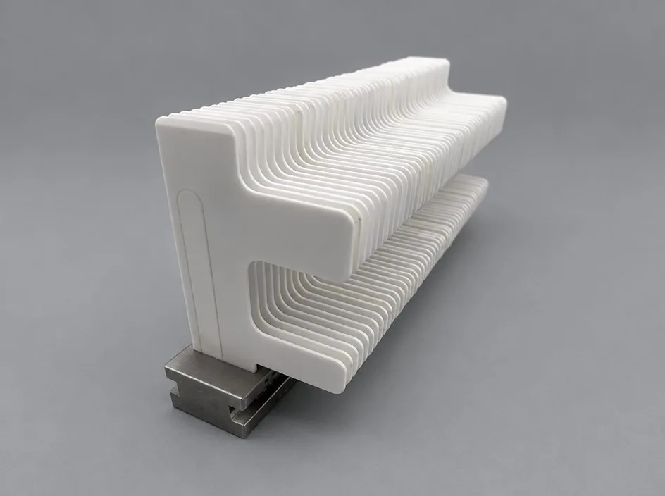 A stack of thin white plates clamped in a metal base on a grey studio ground, seen at an angle so the layered profile is visible.