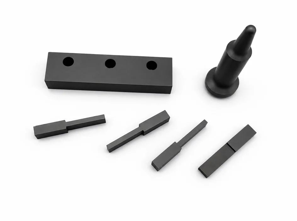 A silicon nitride set on a white ground: a rectangular bar with three bores, a stepped pin with a rounded tip, and four flat strips of different lengths.