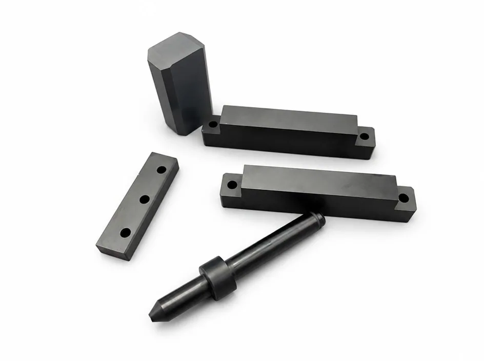 Silicon nitride components on a white ground: a faceted post, a bar with end bores, a plate with three bores, two stepped rails and a pin with a pointed tip.