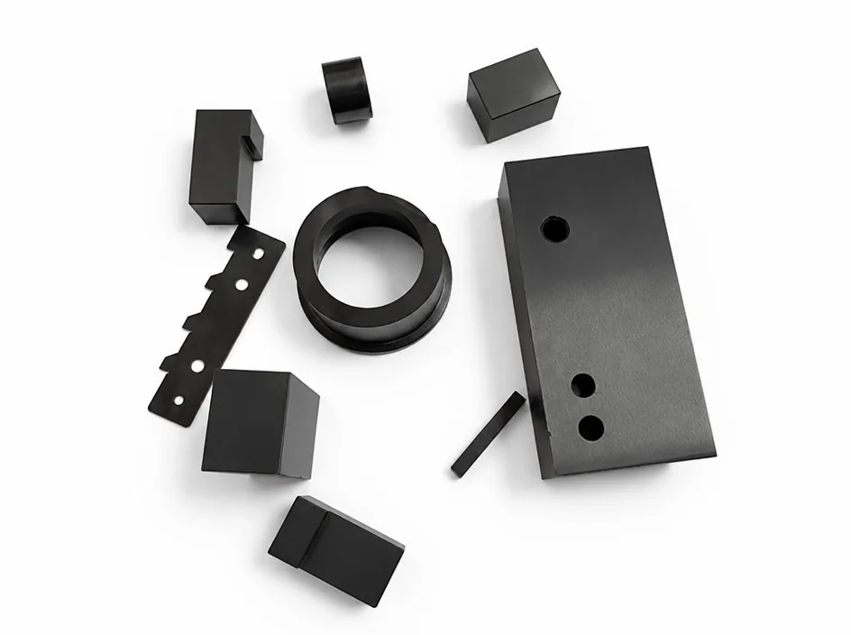 Silicon nitride parts spread on a white ground, including rectangular blocks, a lipped ring, a toothed strip and a large block with bores.