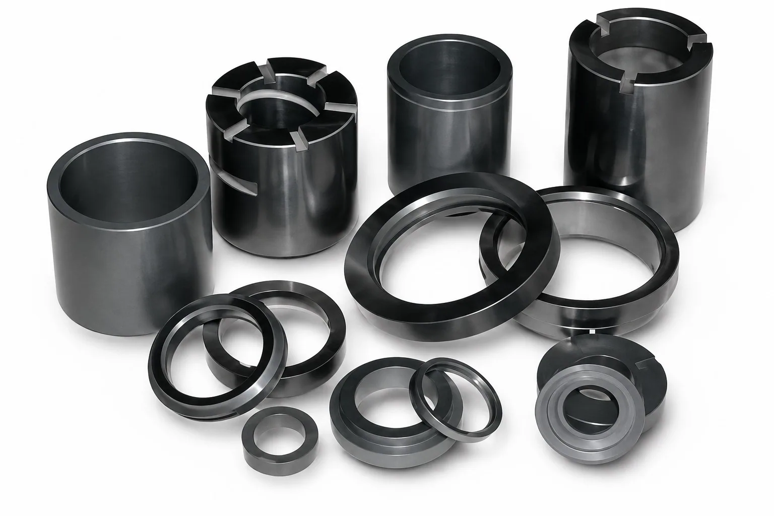 A group of black silicon carbide sleeves and rings of mixed sizes on a white ground, including a split sleeve with radial slots and several flat sealing rings.