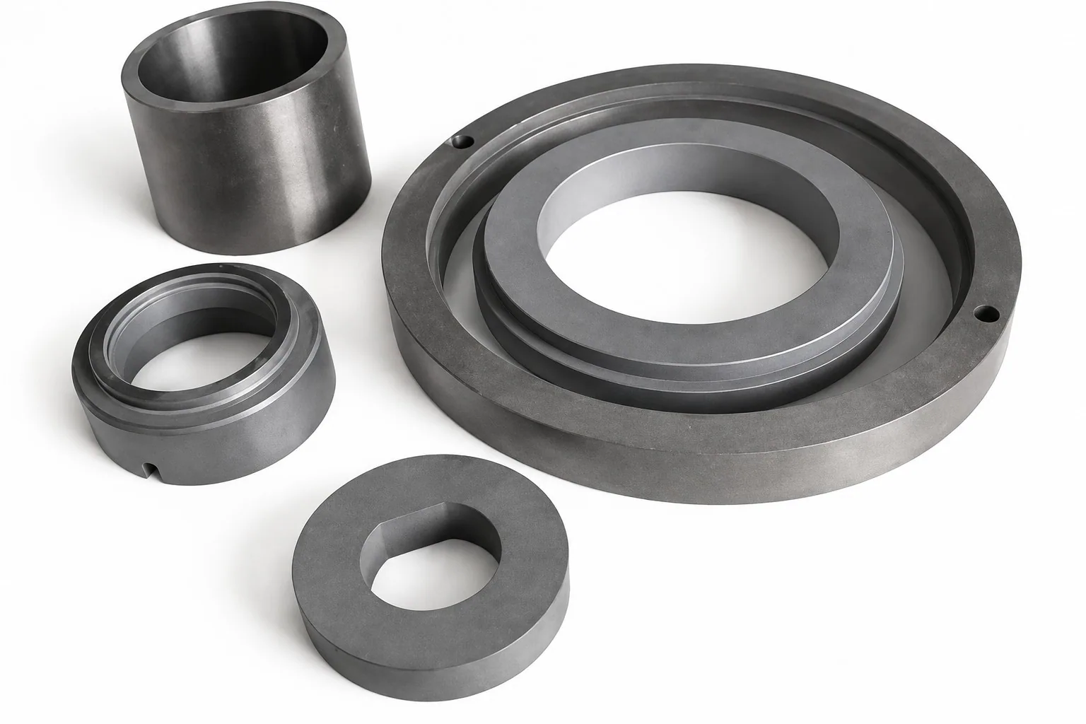Four black silicon carbide sealing parts on a white ground: a plain sleeve, a grooved ring with a notch, a large ring with an internal step and two rim holes, and a small ring with a D-shaped bore.