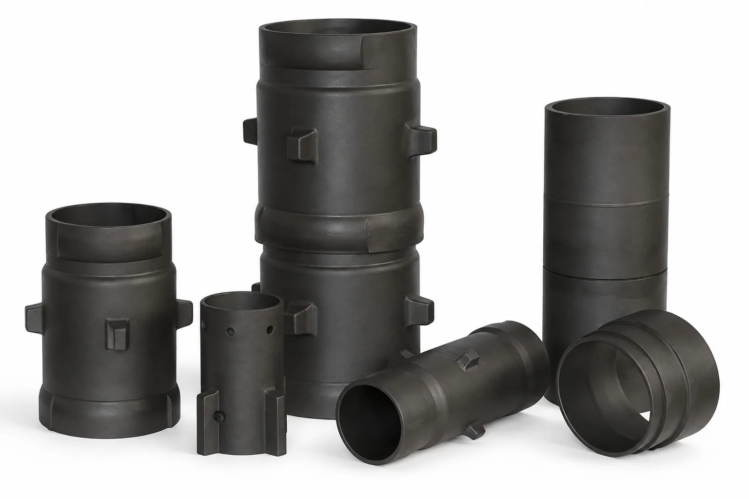 Black silicon carbide radiation pipes on a white ground, each cylindrical shell carrying rectangular lugs on its outside wall, one pipe lying on its side.