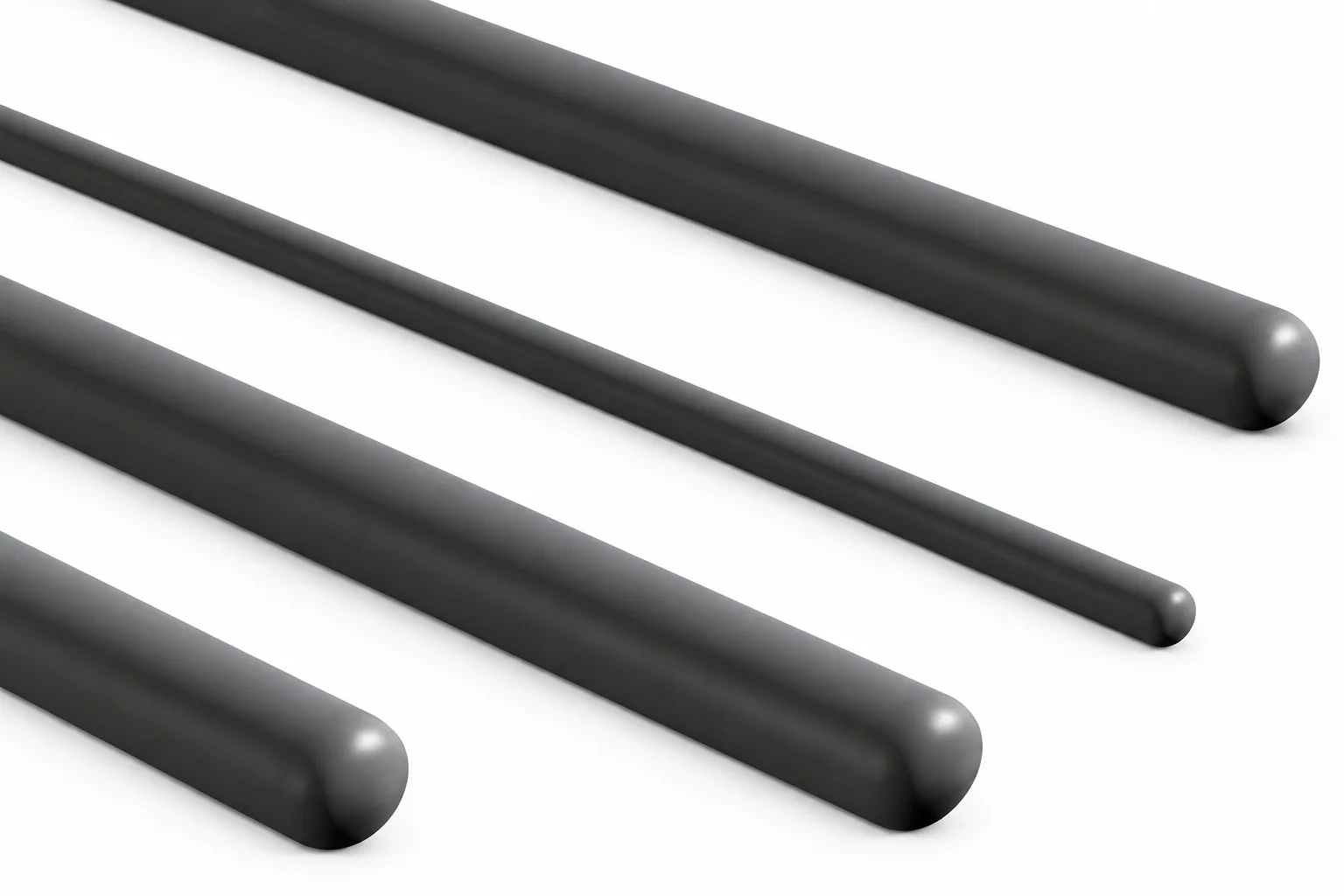 Four long black silicon carbide tubes with closed radiused ends on a white ground.