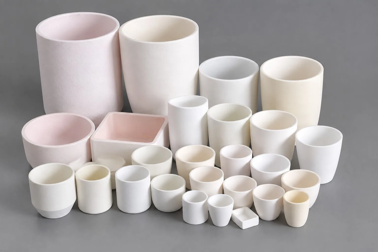 A spread of cream and pale pink zirconia crucibles on a grey studio ground, of many diameters, with one square basin in the middle of the group.
