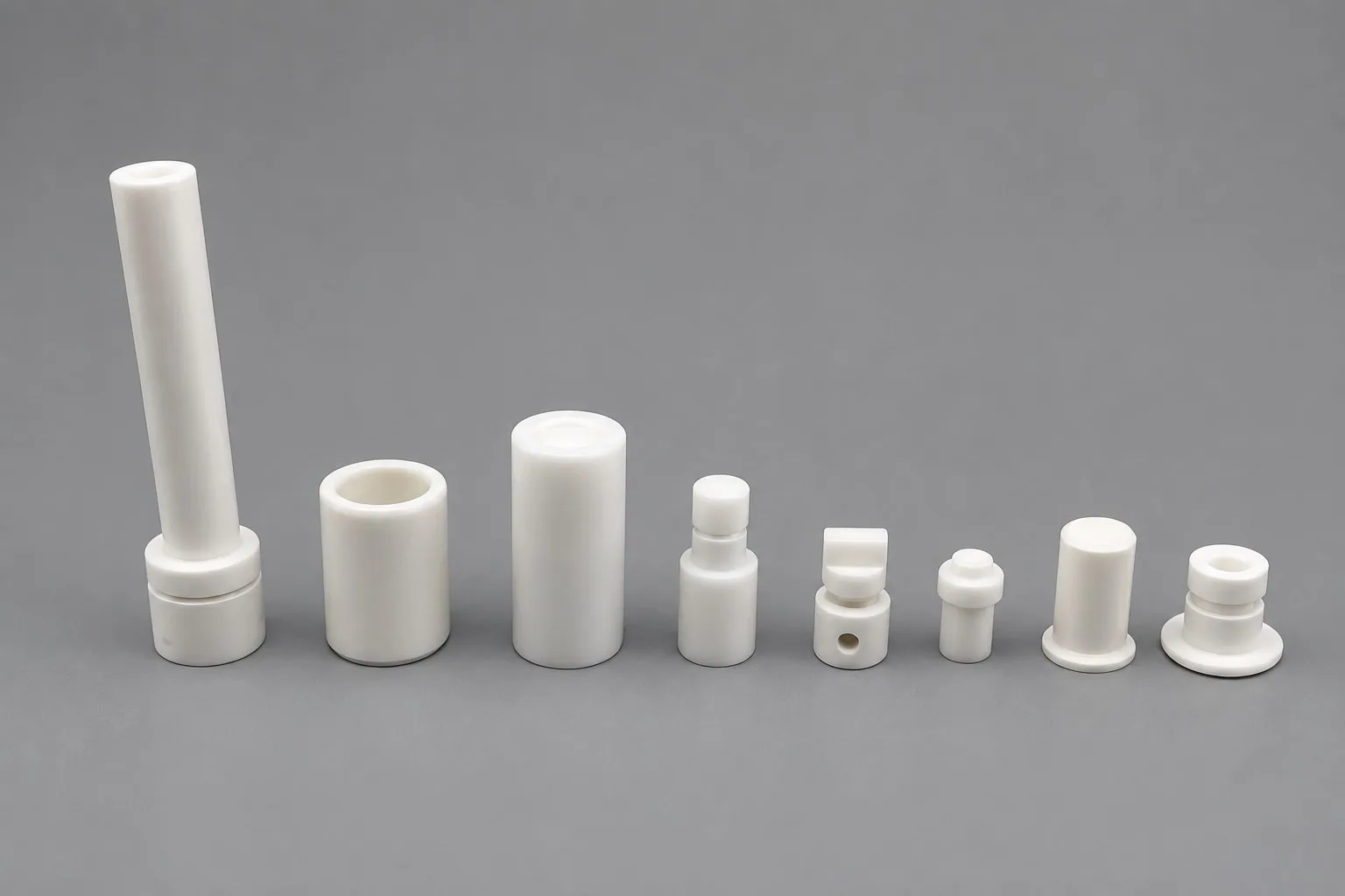 Eight small zirconia parts in a row on a grey studio ground, including a flanged rod, two cups and several stepped bodies.
