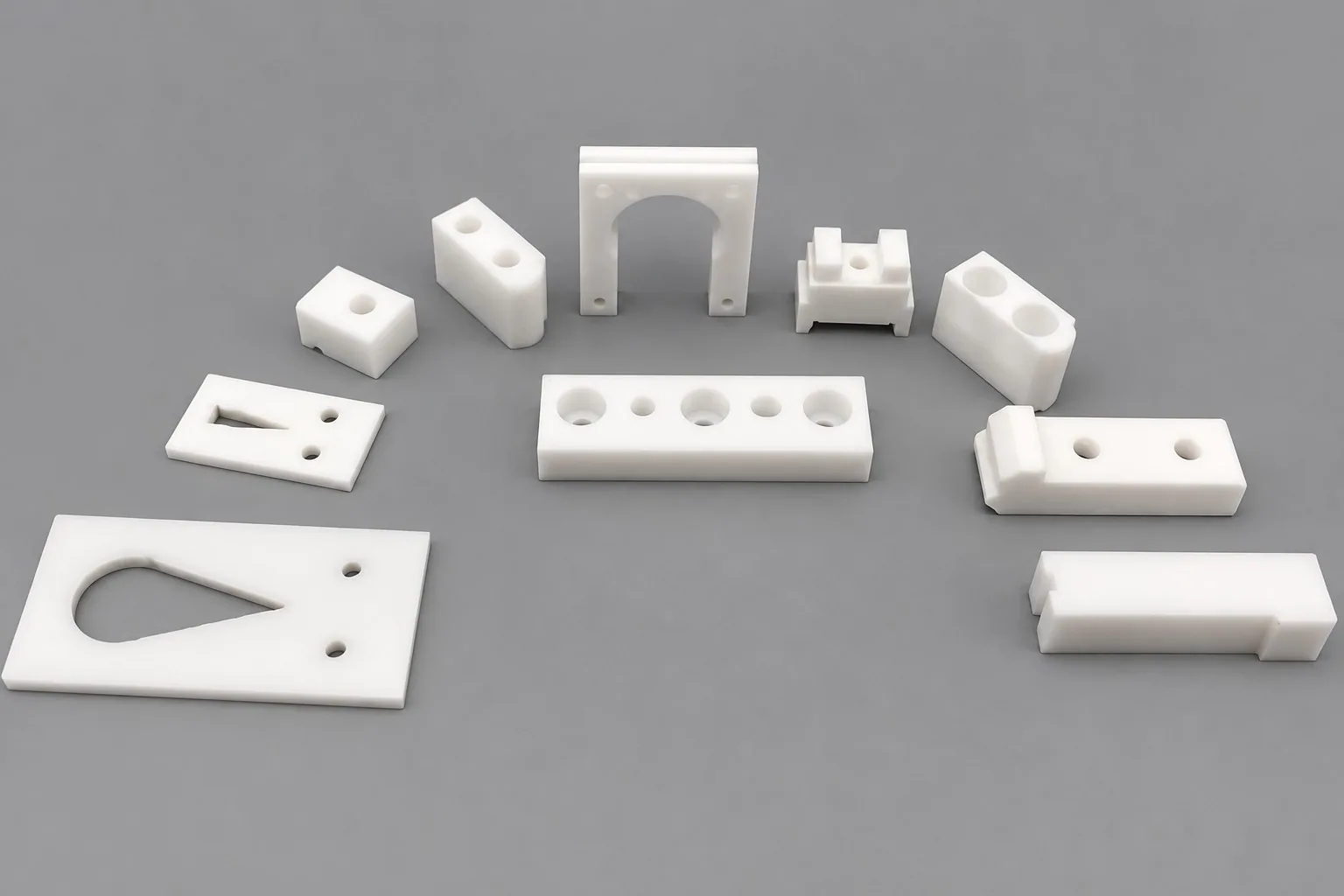 A spread of small zirconia parts on a grey studio ground, including slotted plates, an arch, stepped blocks and a shaped bracket.