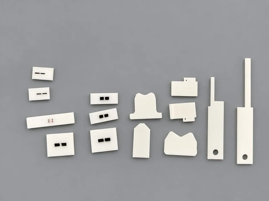 Twelve small zirconia parts on a grey studio ground, including slotted plates, shaped profiles and two long handled pieces.