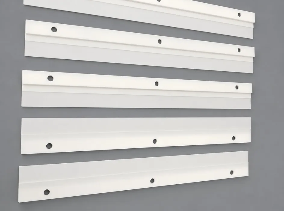 Five thin white zirconia bars with a raised rib along one edge and three holes, laid out in rows on a grey studio ground.