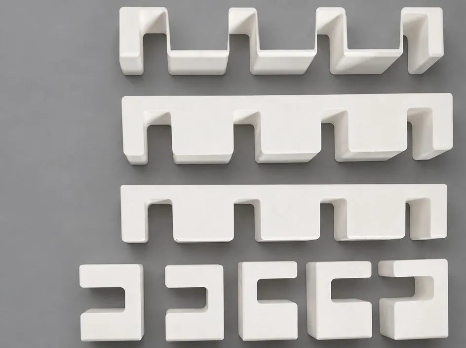 Three zirconia bars on a grey studio ground, each cut with a row of square notches along one edge to form a comb profile.