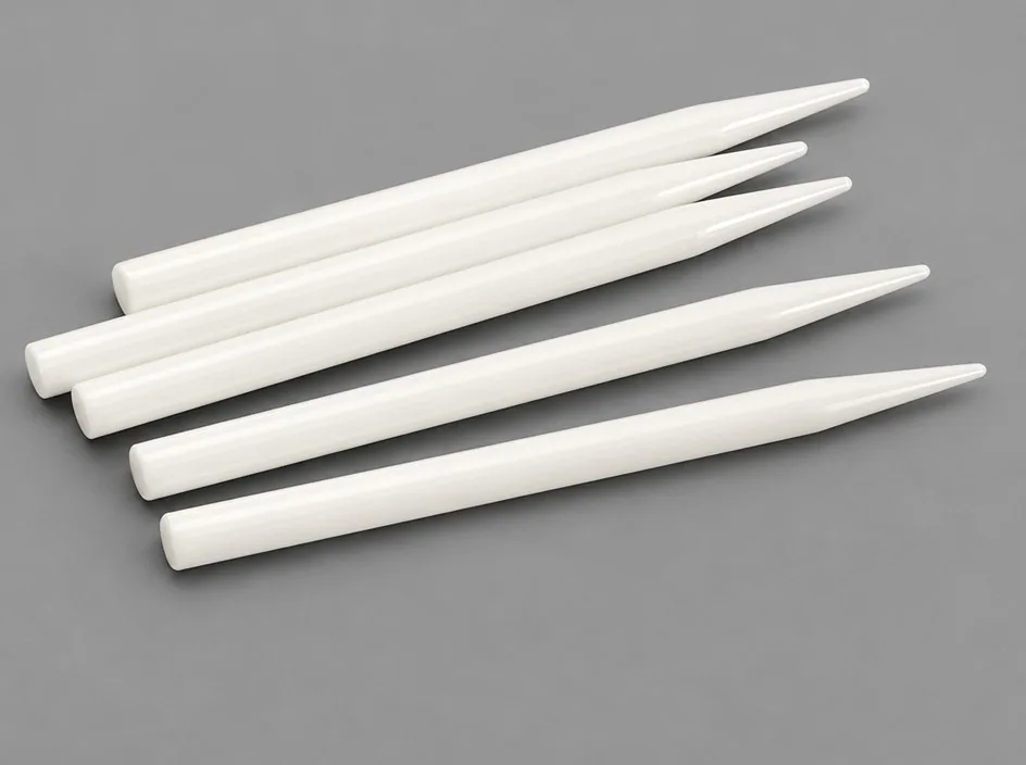 Five zirconia rods lying in parallel on a grey studio ground, each tapering to a point.